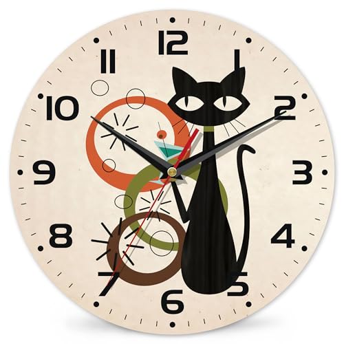 Wall Clock, Black Cat Wall Clocks Wooden Wall Clock Art Hanging Clocks Silent Non-Ticking Wall Clock Battery Operated Round Home Arabic Numeral Decorative Wall Clocks 10 Inch