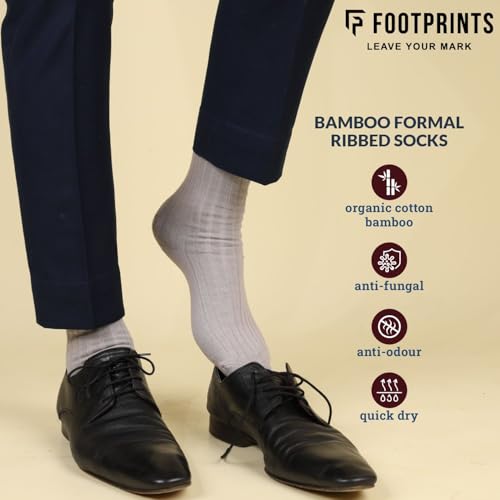Image of FOOTPRINTS Men Modern Premium Bamboo Supersoft Strechable Odour Control Formal Socks - Pack Of 4 Pairs - Black- Freesize(7-11)