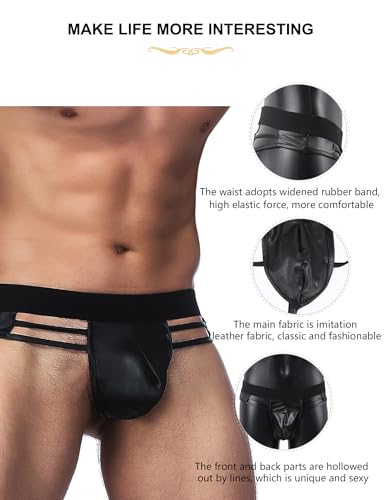 Men's Thong Underwear Faux Leather Briefs Sexy Low Rise T-back Black Hollow Out G-String Panties for Men XS-L3