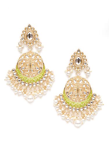 Karatcart Gold Plated Handcrafted Light Green Meena and Pearl Long Dangler Earrings for Women - Image 4