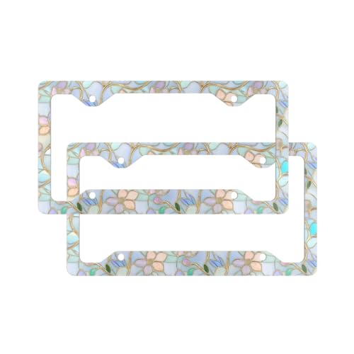 2 Pack Stained Glass Floral License Plate Frames Colorful Wildflower Womens Cute Stainless Steel License Plate Holders Covers with Screws Fasteners Caps
