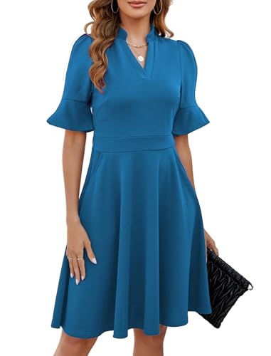 Image of Mokayee Womens Summer V Neck Ruffle Short Sleeve Fit and Flare Knee Length Church Wedding Guest Dresses with Pockets