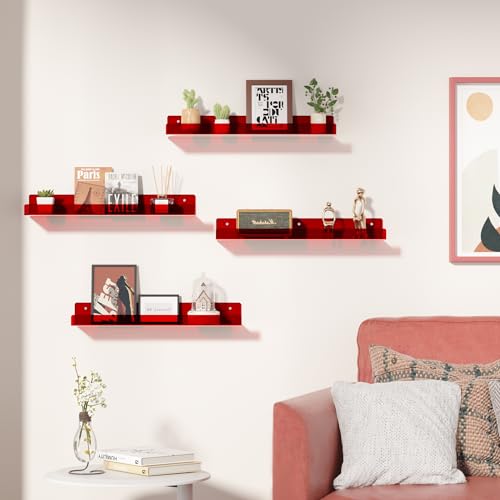 Image of upsimples 4 Pcs 15 inch Acrylic Shelves for Wall Decor and Display, Red | Cute Floating Shelf for Perfume, Skincare, Nail Polish, Wall Organizer for Bedroom, Living Room, Playroom, Room Decor