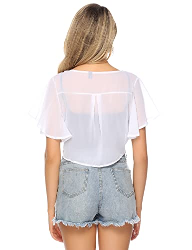 Iclosam Women Tie Front Chiffon Shrug Short Sleeve Cropped Sheer Bolero Shrug Cardigan White #TOP4