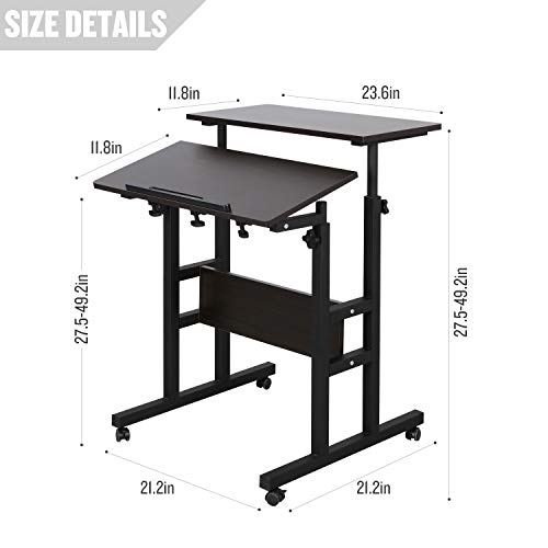 Qwork 2-Tier Mobile Standing Desk Stand Up Desk Height Adjustable Laptop Desk Home Office Workstation Ergonomic Sit-to-Stand Table Tilting Computer Desk on Wheels for Home Office School, Black