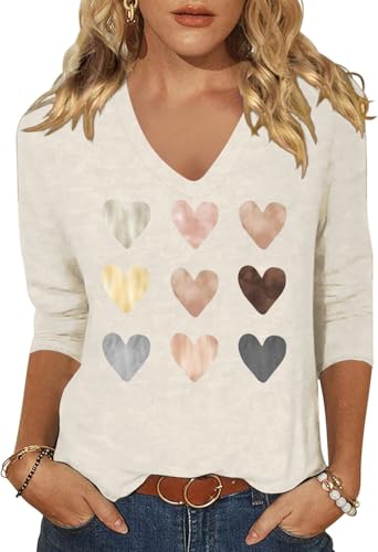 Image of Womens 3 /4 Sleeve V Neck Valentine T Shirts Love Heart Printed Graphic Tee Tops