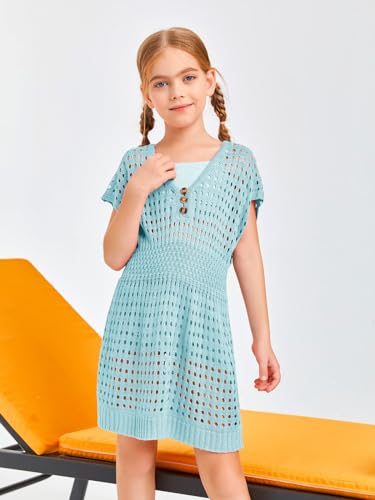 Image of Haloumoning Girls Crochet Swim Beach Cover Up Kids Fashion Button Short Sleeve Swimsuits Cover Ups 5-14 Years