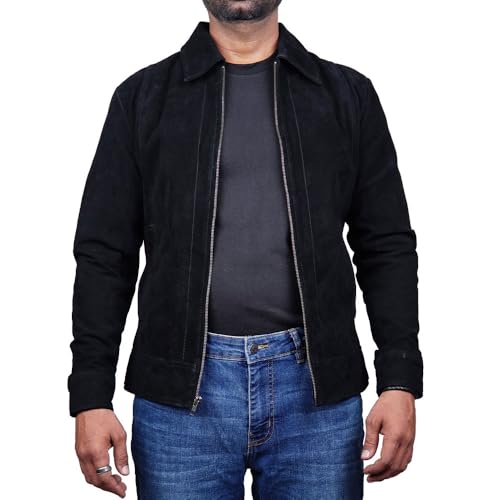 Image of Mens Polo Collar Zipper Suede Shirts Long Sleeve Shacket Suede Trucker Jacket Real Suede Leather Shirt