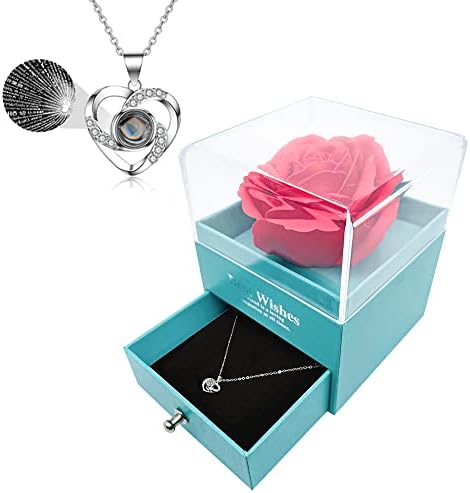 Preserved Rose Eternal 9 flowers Handmade Preserved Rose with Love You Necklace, Best Romantic Gifts for Women&Her&Mum on Valentines Day, Mothers Day, Anniversary, Birthday,Christmas (Rose gold)
