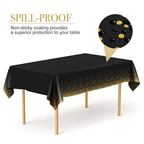 HOMIX Black and Gold Plastic Tablecloths for Rectangle Tables, 6 Pack Disposable Party Table Cloths, Gold Dot Table Covers with 30 Balloons for Birthday, Graduation, Cocktail Parties 54" x 108"