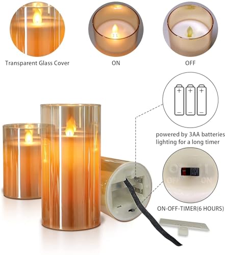 Image of Desidiya Flameless LED Seasonal Light for Room & Home Decor for Festive | Acrylic Fiber Set of 3 Gold Glass Candle Light with Realistic Flickering Design for Gifting, Festival, Anniversary, Birthday
