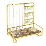 KOOAAICCHI Jewelry Organizer Stand Metal Jewelry Rack with Acrylic Tray Necklace Storage Holder Fashionable Display Stand for Rings, Earrings & Bracelets (Gold)