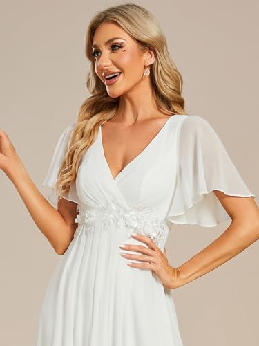 Ever-Pretty Brautjungfernkleid Lang mit Applikationen V-Ausschnitt Kurze Ärmel Schick EE01960-P, beige, 42
