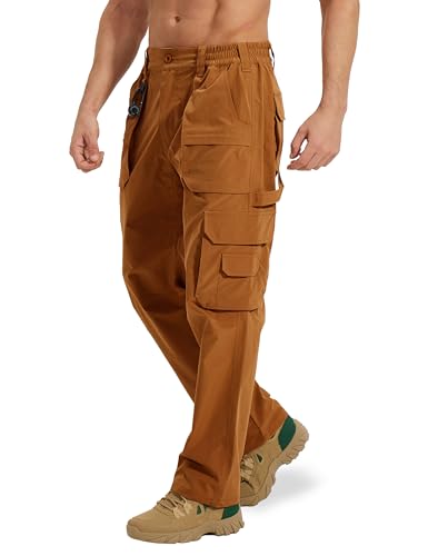 MOURCE Calça cargo masculina tática elástica – resistente à água, leve, secagem rápida, com 9 bolsos, Marrom, 34W x 30L
