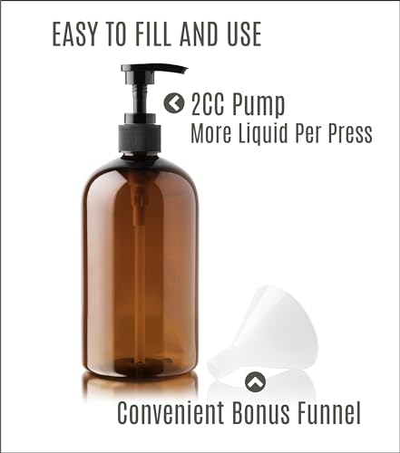 Image of Alora 5-in-1 Apothecary Bottles for Home & Commercial Use - 16oz Elegant 8.5x3in Refillable Amber Shampoo Storage, Handwash, Massage Oils - Includes 24 Waterproof Labels, Bonus 2CC Pump & Funnel