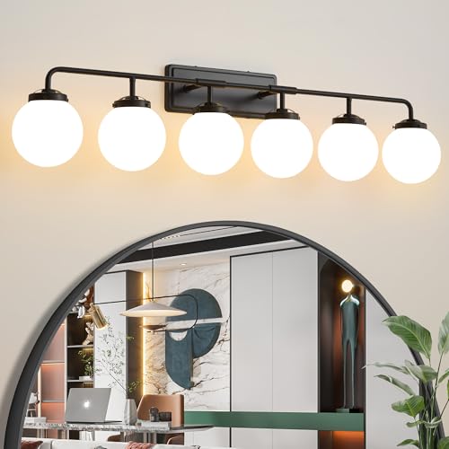 Image of Bathroom Light Fixtures 45.3in 6-Light Matte Black Vanity Lights for Mirror | Bathroom Lighting Fixtures over Mirror, ETL, Brushed Brass Wall Sconce, Dimmable E12 Base Max 60W, Milky Glass Ball Shades