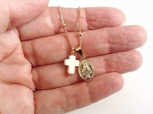 Cross Necklace 18k Gold Plated Miraculous Medal 18 Inches Chain Medalla Virgen de la Milagrosa - Image 3