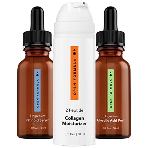 Open Formula Anti-aging Super Set. Glycolic Acid Peel + Retinoid Serum + Collagen Peptide Moisturizer. For Dark Spots & Melasma, Lines & Wrinkles, Loose & Sagging Skin. 3 Products, 3 Minutes To Apply Cover