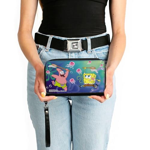 Buckle-Down Nickelodeon Wallet, Zip Around, Patrick Star and Spongebob Jellyfishing Jellyfish Catch Pose, Vegan Leather3