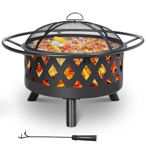 TLSUNNY Feuerschale, Ø 80cm Feuerkorb mit Funkenschutz und Schürhaken, Feuerschalen für den Garten Groß, Feuerstelle mit Grill, BBQ Feuerstelle Outdoor, Retro-Look Fire Pit, Zum Grillen und Heizen