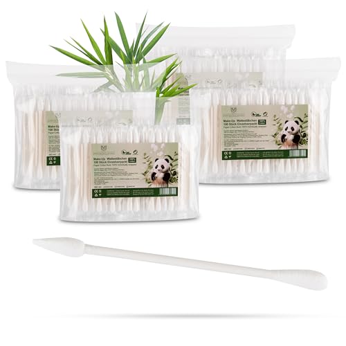 Bastoncillos de algodón para maquillaje(Make-Up) y limpieza, 4 x 100 unidades estériles, empaquetados individualmente, con una punta redonda y otra puntiaguda, en mango de papel duro y resistente