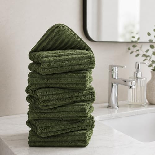 Image of 6 Pack Microfiber Hand Towels Set, 16 x 30 Inches, Ultra Soft & Highly Absorbent, Quick Dry Towels for Bathroom with Hanging Loop, Gym, Hotel and Spa(Olive Green)