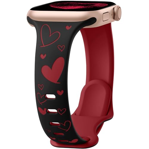 Lerobo Slim Two-Tone Band Compatible with Apple Watch 11 42mm Bands 40mm 41mm 38mm for Women Cute Heart Engraved Soft Silicone Sport Strap for iWatch Bands Series 10 9 8 7 6 5 4 3 2 1 SE Black/Red
