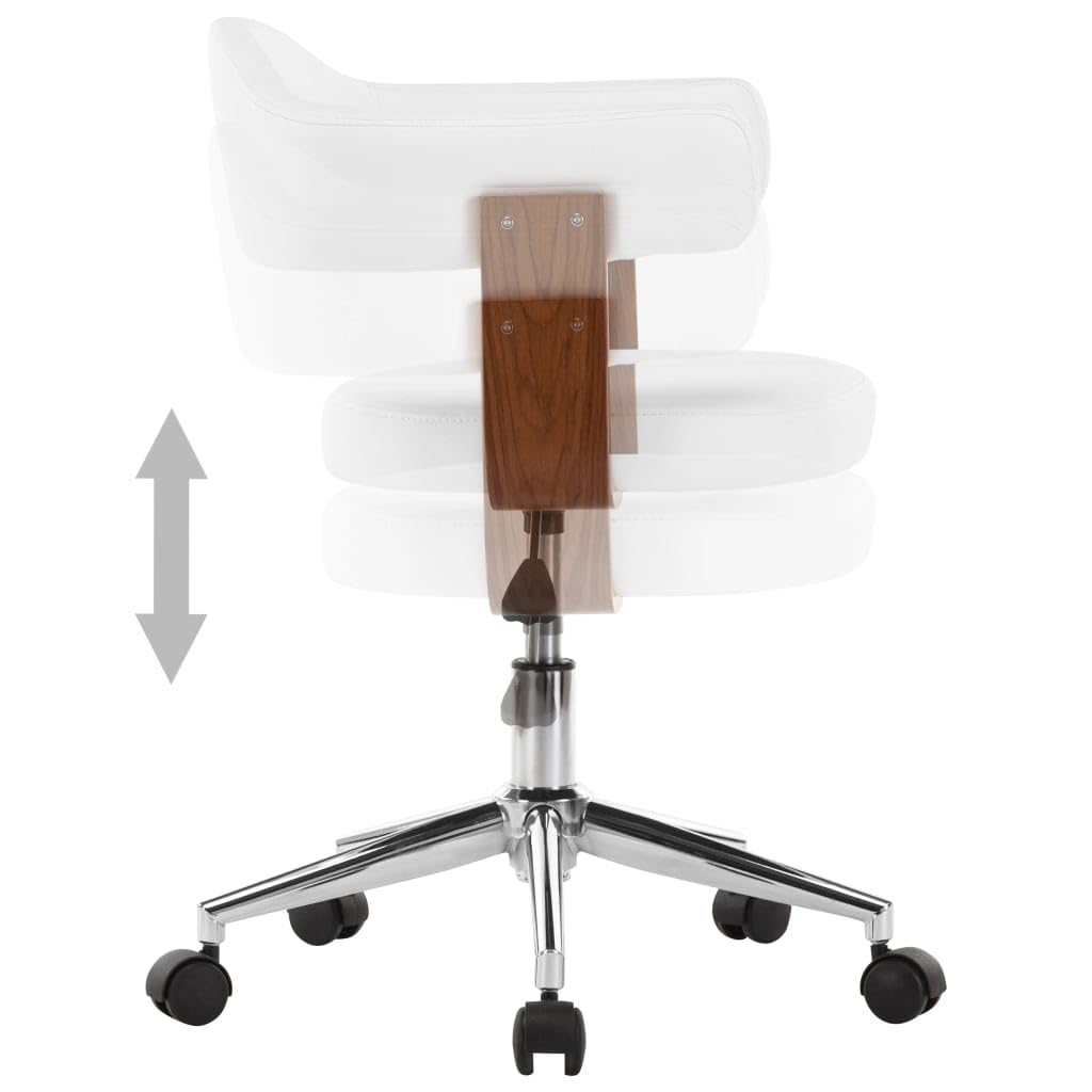 Silla de oficina giratoria de madera curvada blanca y piel sintética, silla de oficina de madera curva, color blanco, función giratoria de 360 grados, altura ajustable, silla de escritorio