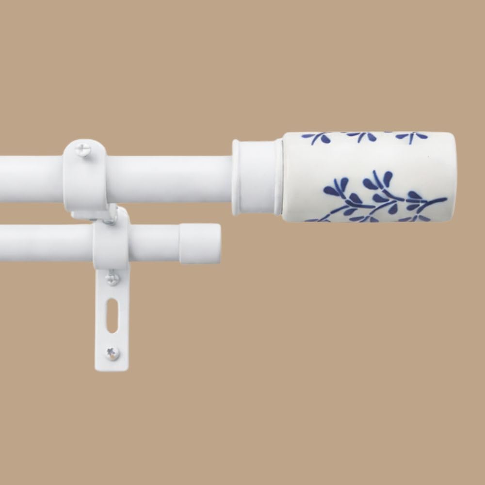 The Decor Mart 48"-88" Adjustable Double Curtain Rod For Door & Windows With Brackets Set Curtains Hanging Extendable Iron Metal Pipe Holder With Handpainted Cylinder Ceramic Finial (White, 0.75")-picture-14