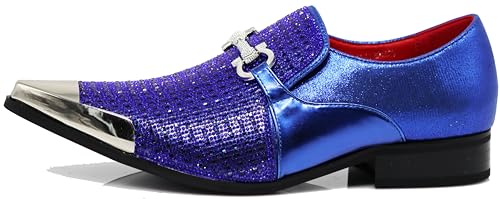 Image of Enzo Romeo Crisino Men Rhinestone Chrome Toe Suede Pointy Buckle Dress Loafer Slip On Shoes (Royal 03, US Footwear Size System, Adult, Men, Numeric, Medium, 9.5)