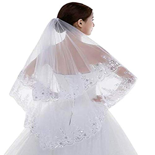 Delleu Damen Kurze 2 Ebenen Spitze Hochzeit Braut Schleier mit Kamm Cover