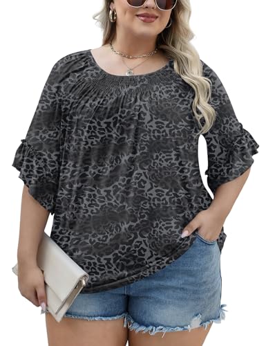 Image of Micoson Womens Plus Size Tops 3 /4 Ruffle Sleeve Crewneck Pleated Shirts