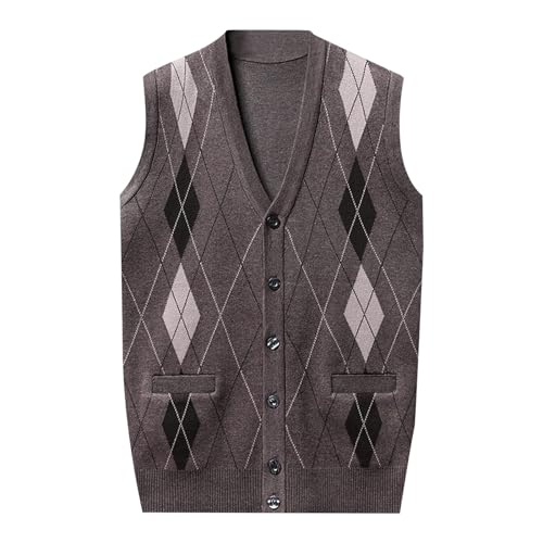 Men's Argyle Sweater Vest Button V Neck Fall Cardigan Casual Sleeveless Knitted Houndstooth Jumper Tops