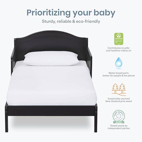 Image of Dream On Me Sydney Toddler Bed, GREENGUARD Gold, Pinewood, Black | Solid Arched Panel, Low to Floor Bed, 2 Safety Guard Rails, Sturdy Wooden Frame, 50 Lb Limit, BSA Verified
