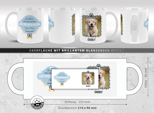 PfotenSchild Hunde-Tasse mit Foto und 2 Namen Zertifikat - Bester Hundepapa - Geschenk für Hundebesitzer zum Geburtstag | Personalisiertes Geschenk, 300 ml