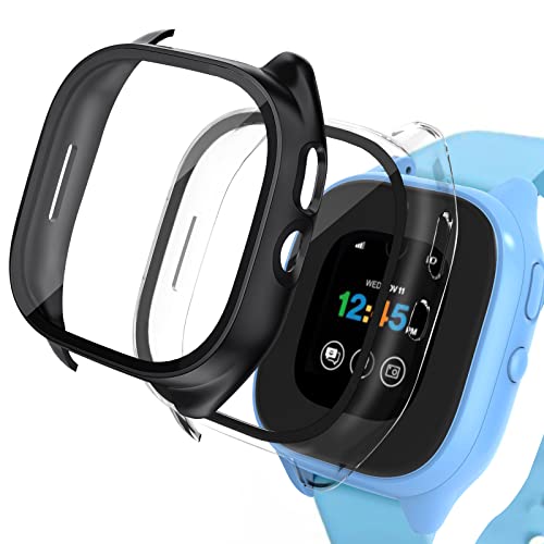 [2 Pack] Case Compatible for Gizmo Watch 3 Screen Protector for Kids Hard PC Overall Protective Case Bumper Tempered Glass Cover Accessories Compatible with Verizon Gizmo Watch 3 Black+Clear