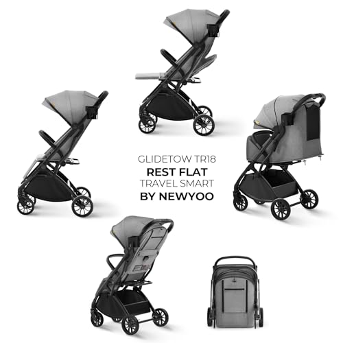 Image of newyoo GlideTow TR18M Compact Travel Stroller, Baby Stroller with Retractable Handle, Cup Holder, One-Hand Quick Fold, Near Flat Recline Seat, Light Gray
