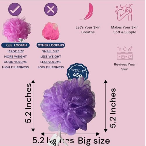 Image of QBZ Large Bath Loofah Sponge Scrubber Exfoliator for High Lather Cleansing (SKY BLUE & PURPLE, 1 Count (Pack of 2))