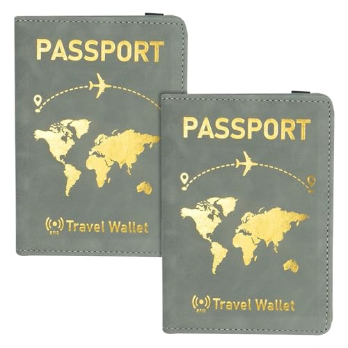 Image of Storite 2Pk RFID Blocking PU Leather Passport Holder,14.5x10.5Cm Gold Grey | Travel Wallet Organiser, For Men & Women, Travel Document Organiser