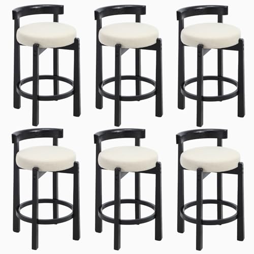 Image of CIMOTA 26.5 inch Counter Height Bar Stools Set of 6 | Mid Century Modern Low Back Bar Chairs with Black Wood Legs & Linen Upholstered Seat, Kitchen Island Stools, Beige