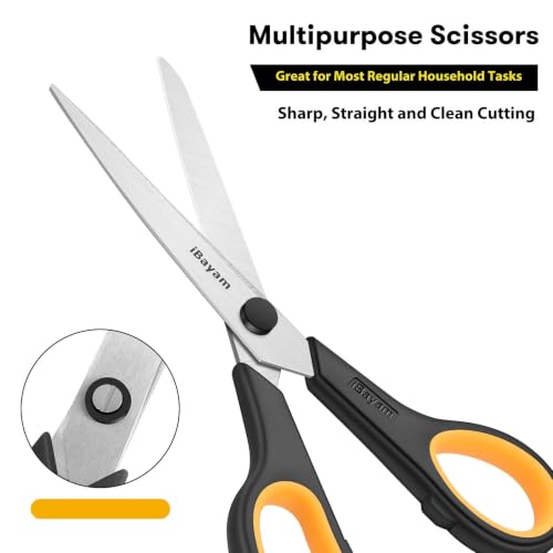 Image of iBayam 8.5 inch Heavy Duty Black Scissors for Office School Classroom Home Use | Precision 2.5mm Thickness Ultra Sharp Blade| Comfort Grip Right /Left Handles| Multipurpose | Cutting Paper Fabric Packaging