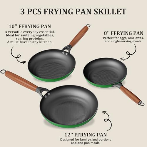 YUTANN Cast Iron Frying Pan Collection - 8&10&12 Inch Pre-Seasoned Skillets, Textured Oil-Conserving Base, Nonstick & Chemical-Free Cookware, Detachable Handle, Induction & Oven Compatible - Image 2