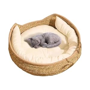 Cat Basket Bed, Cotton Rope Woven Cat Bed with Pillow and Cushion, All Season Indoor Weaving Pet Resting Scratching Sleeping Furniture for All Breeds Kitten Dog