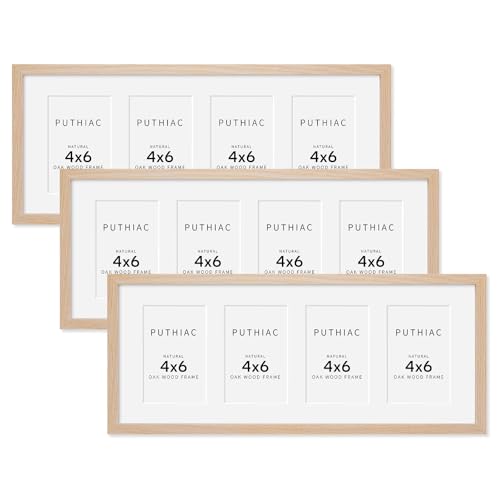 8x20 Oak Wood Picture Frame - 8x20 Photo Frame with Mat Display 4Pcs 4x6 Photos, 4x6 Picture Frame Wood, Natural Solid Wooden Picture Frames for Wall Art Photo and Prints(3 Pack, Beige)