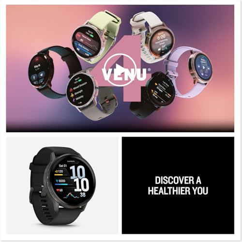 Garmin Venu 4, 45mm - Montres GPS connectées avancées Forme et santé avec écran Ultra-Lumineux et coloré, Lampe LED intégrée et Fonctions connectée - Noir et Gray avec Bracelet Noir