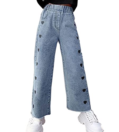 Naber Kids Girls Lovely Heart Pattern Printed Denim Pants Elastic Waist Loose Straight Jeans For 5-15 Years(Style1,13-14 Years) #TOP10