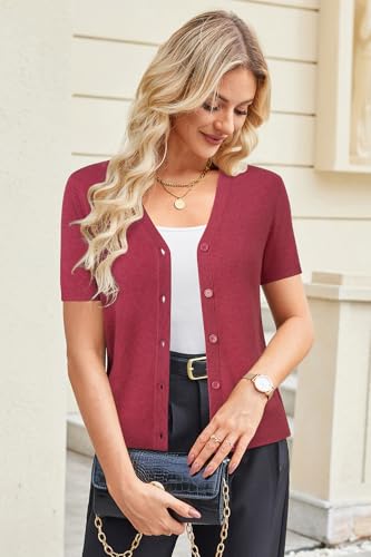 Image of Arach&Cloz Women's Wool Blend Short Sleeve Lightweight Cardigan Business Casual Summer Sweaters Tops