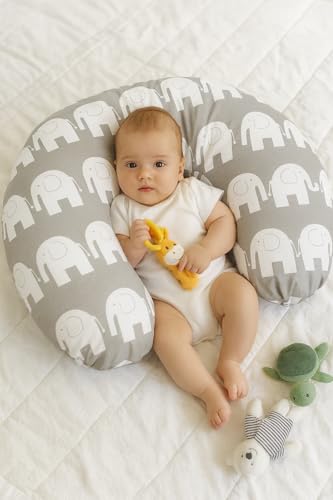 Breast Feeding Pillow Nursing Maternity Pregnancy Baby Cushion and Removable Cotton Cover (Elephants grey) - 2