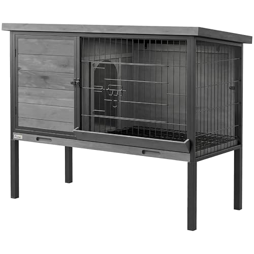 PawHut Elevated Rabbit Hutch Outdoor Wooden Rabbit Cage Bunny House with Pull-Out Tray and Openable Plastic Roof for Indoor Outdoor Light Gray