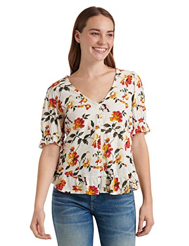 Lucky Brand Women's Short Sleeve V Neck Floral Peasant Top, White Multi, XL